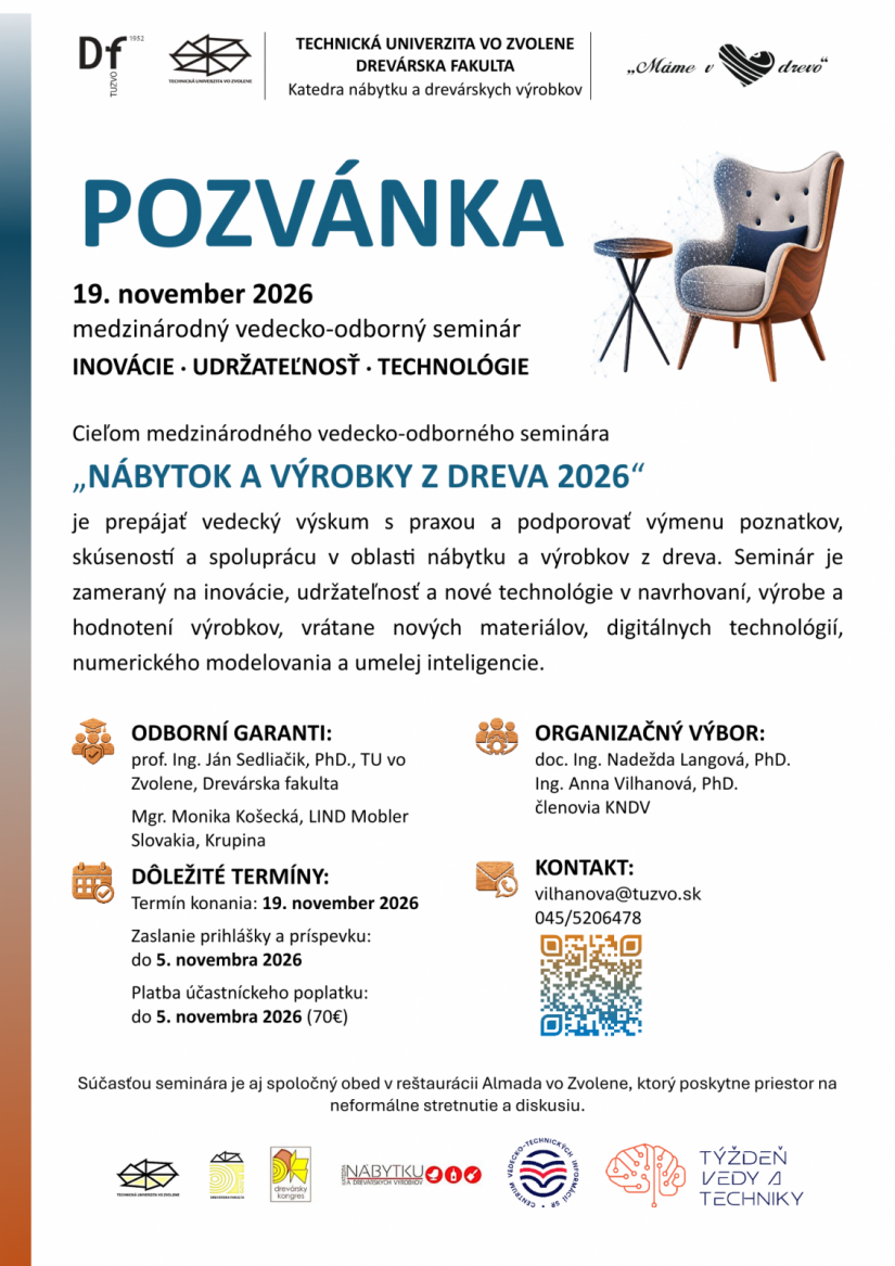 Pozvánka na medzinárodný vedecko-odborný seminár „Nábytok a výrobky z dreva 2026“